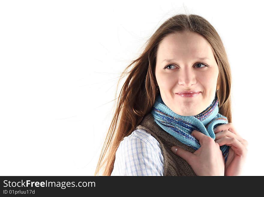 Young woman wrap up into scarf isolated on white background