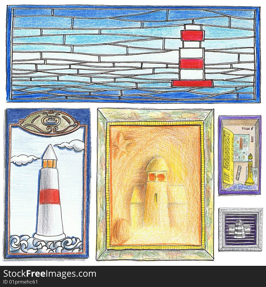 Illustration of pencil drawing lighthouses. Illustration of pencil drawing lighthouses.