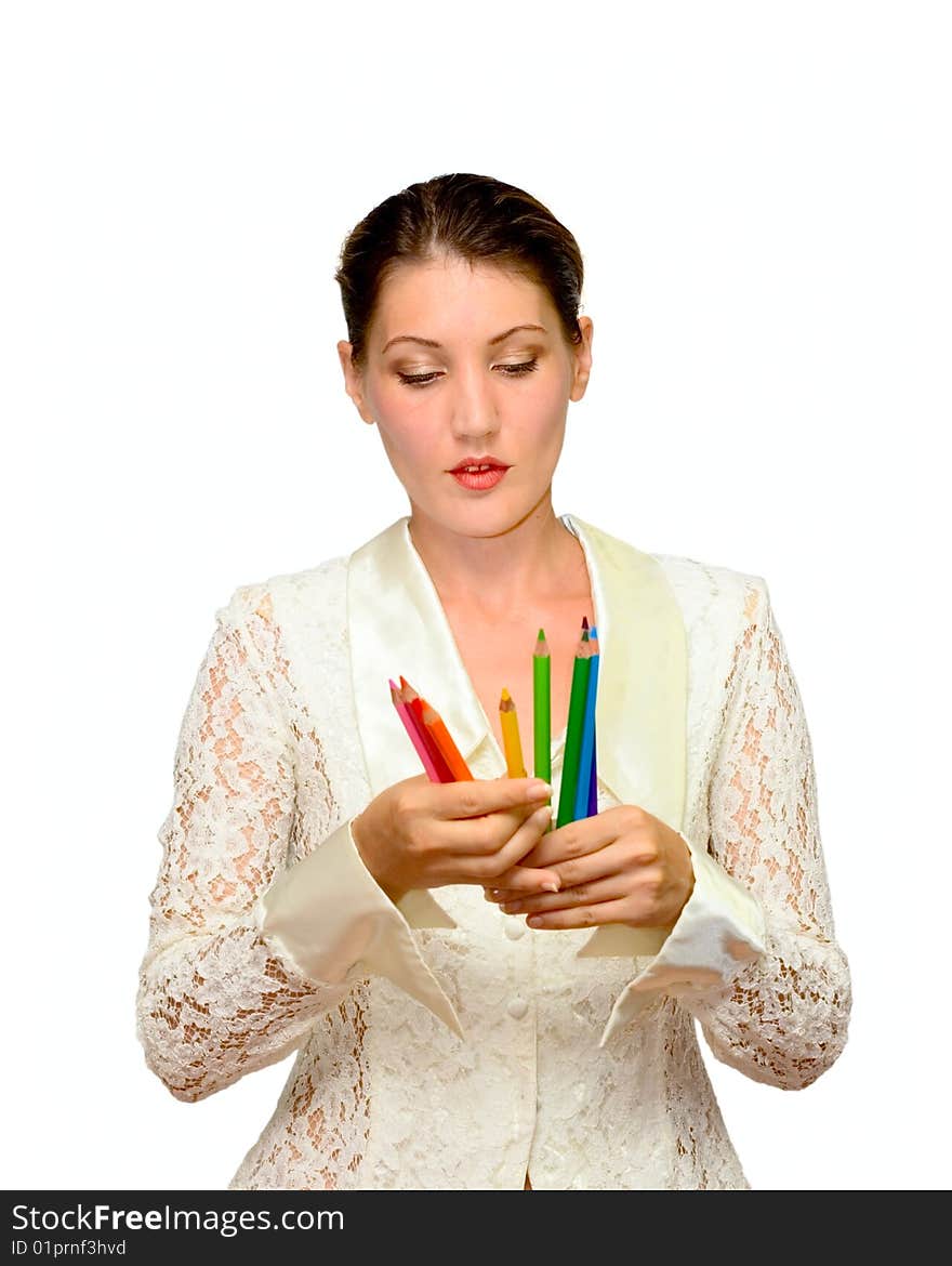 Portrait woman with color pencils isolated on white