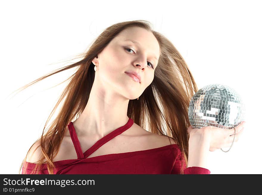 Young woman with Glass sphere isolated on white background