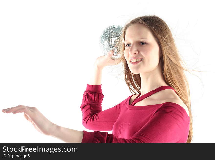 Young woman with Glass sphere isolated on white background