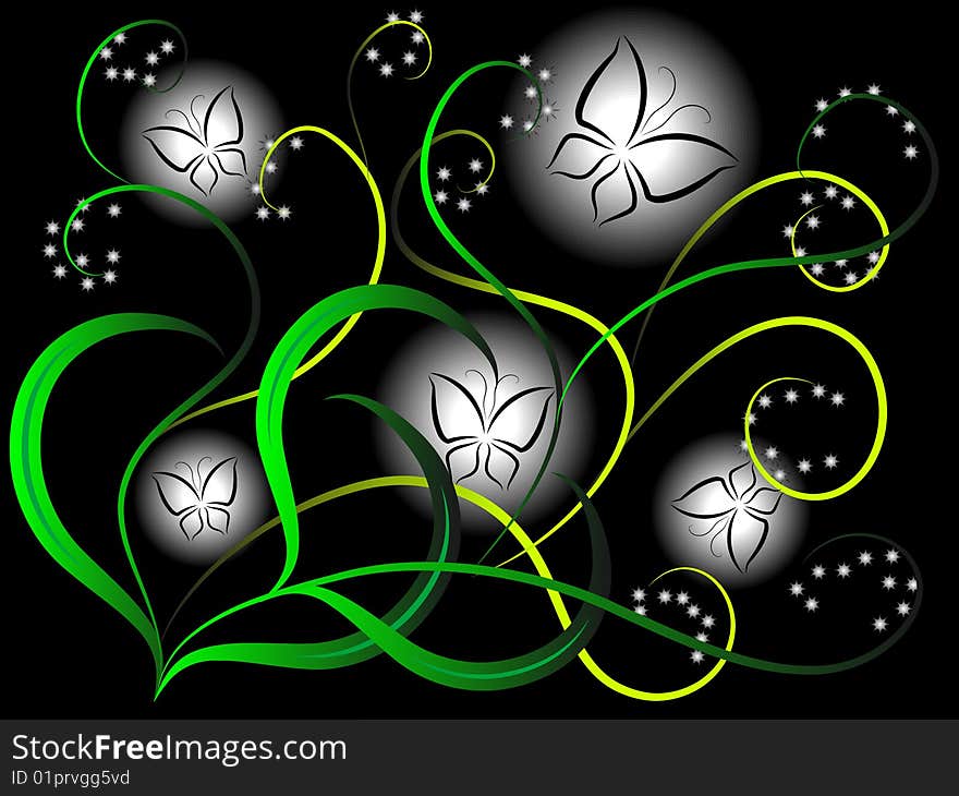 Background with a vegetative ornament and moths in a vector