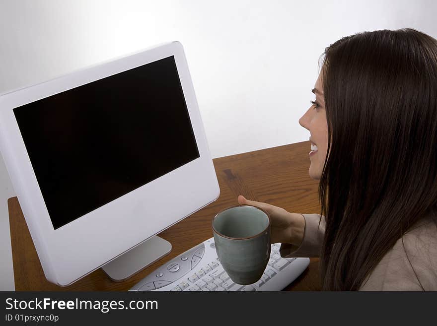 Confident Young Caucasian Corporate Lady Office Worker Computing. Confident Young Caucasian Corporate Lady Office Worker Computing