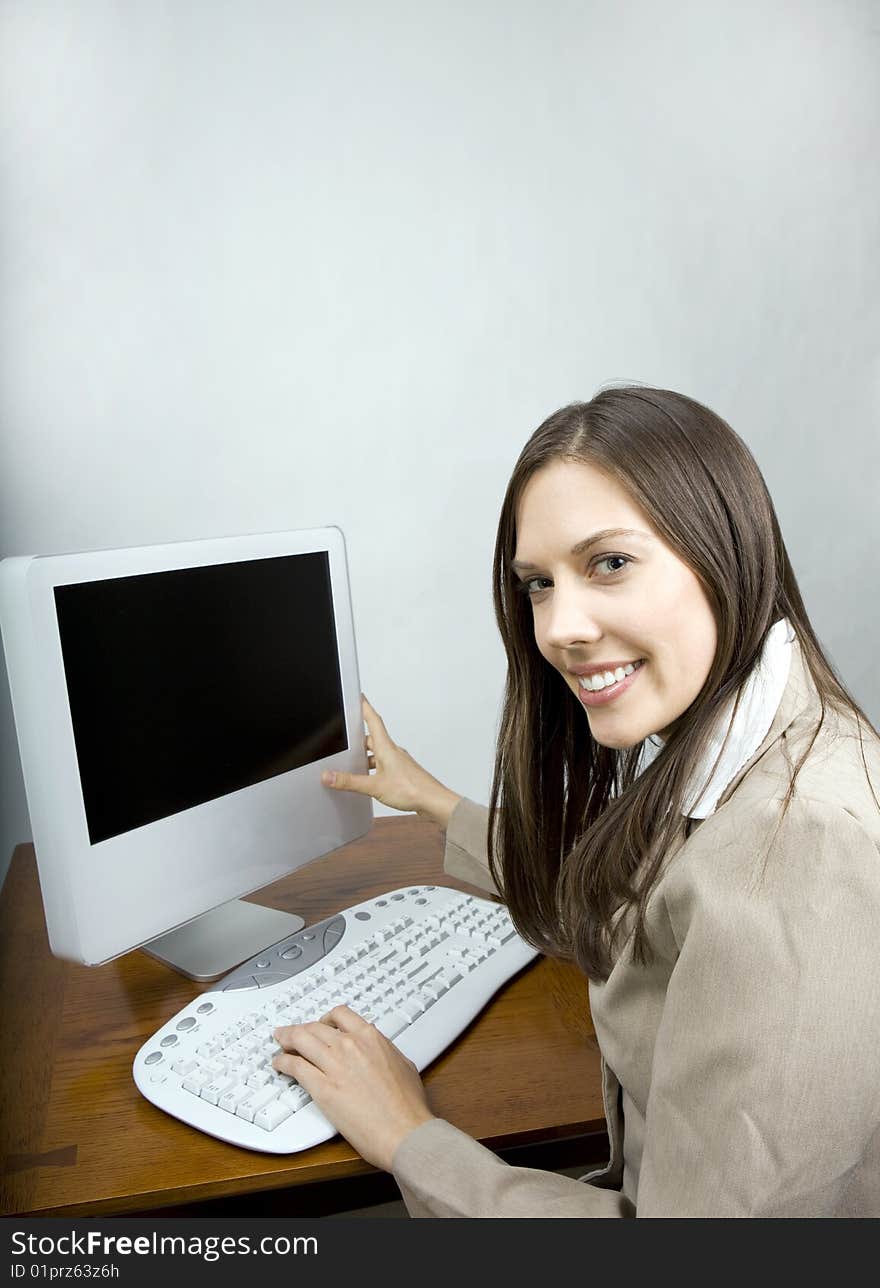 Confident Young Caucasian Corporate Lady Office Worker Computing. Confident Young Caucasian Corporate Lady Office Worker Computing