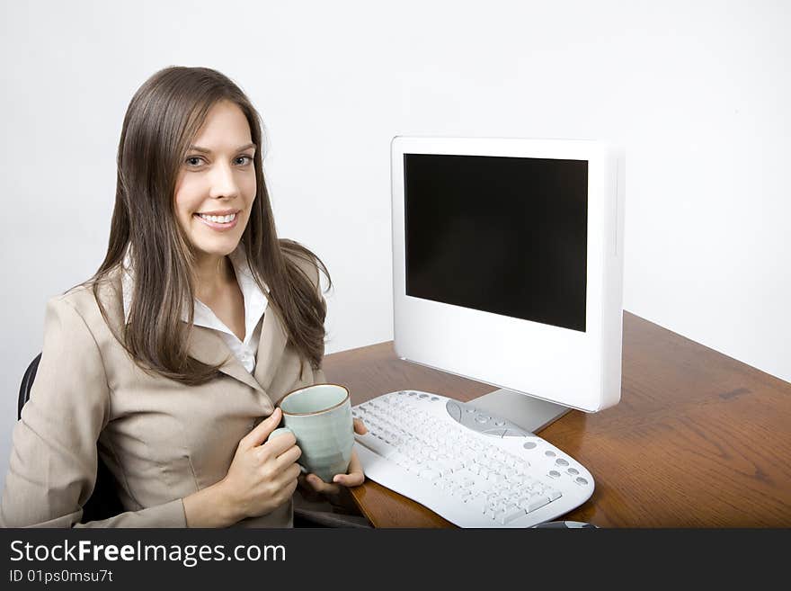 Confident Young Caucasian Corporate Lady Office Worker Computing. Confident Young Caucasian Corporate Lady Office Worker Computing