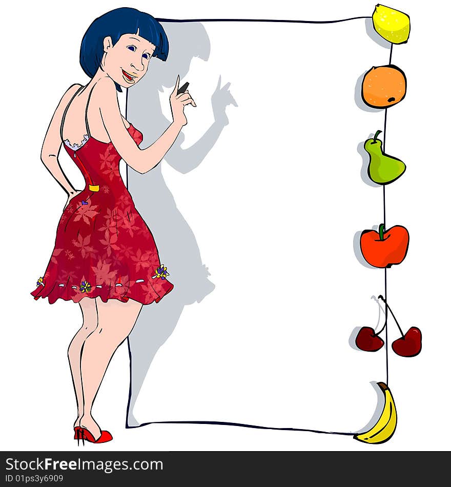 A smiling girl, with a red dress decorate by flowers is holding a charcoal in front of a panel, with different kind of fruit on it. A smiling girl, with a red dress decorate by flowers is holding a charcoal in front of a panel, with different kind of fruit on it