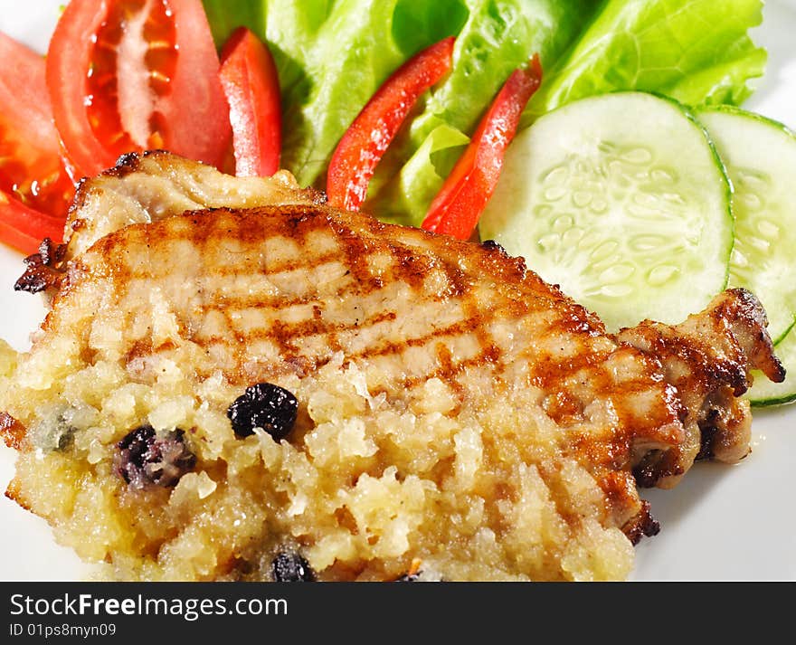 Pork Steak in Honey Sweet Sauce with Vegetable and Salad Leaf