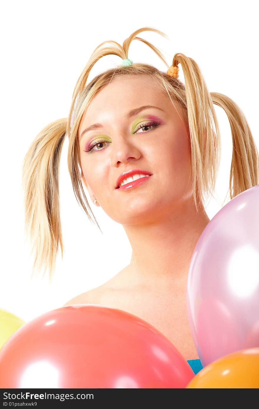 Funny looking girl with balloons