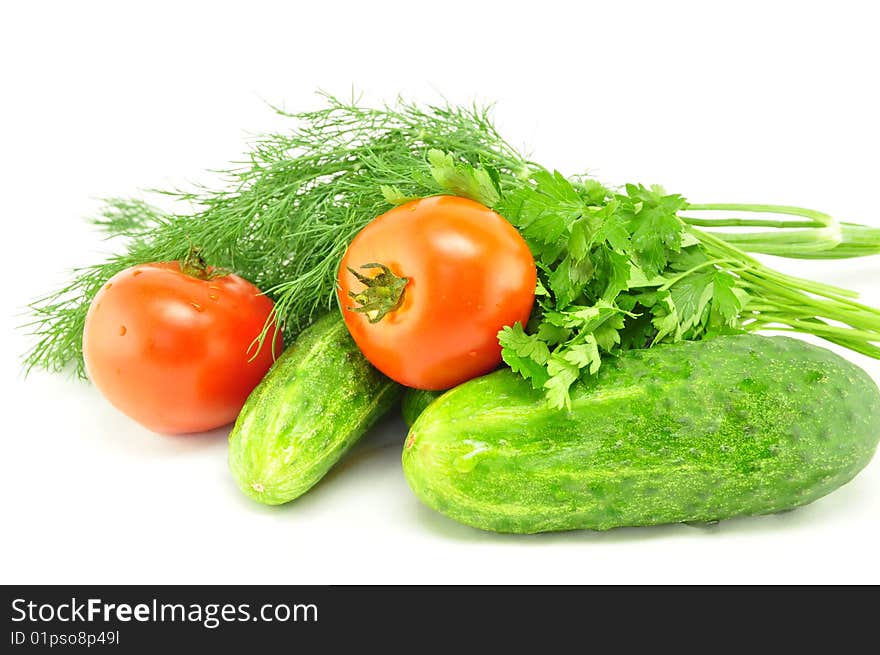 Cucumbers, tomatoes and greens