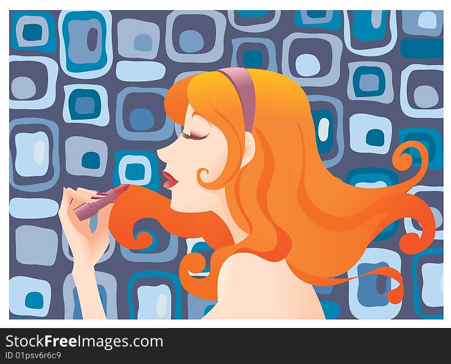 Illustration of beautiful girl applying lipstick