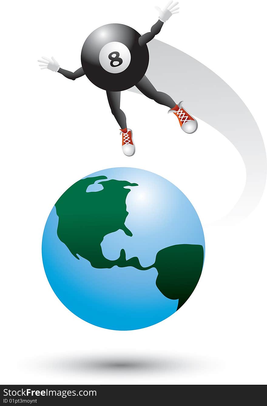 Eight ball cartoon character flying around the world. Eight ball cartoon character flying around the world.