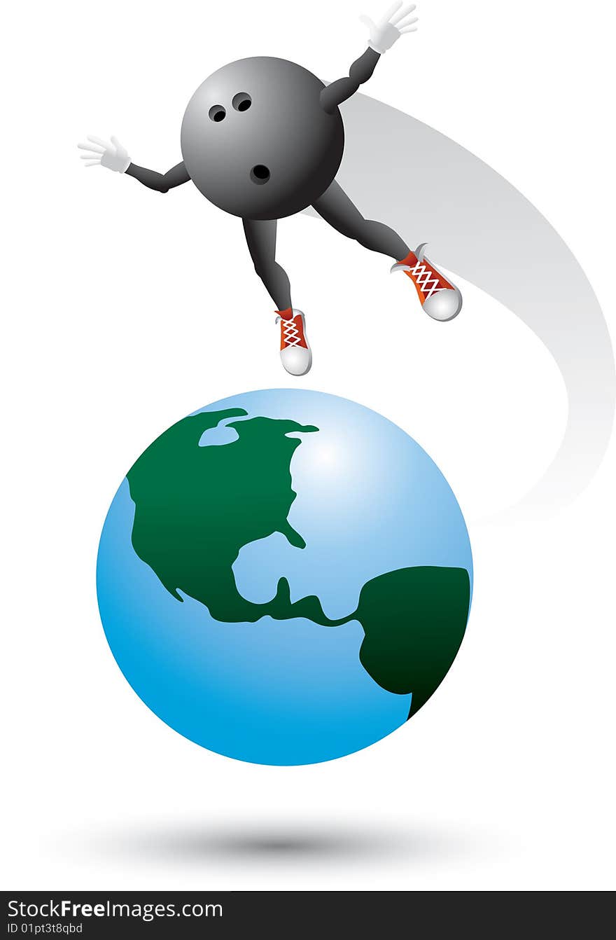 Bowling ball cartoon character flying around the world. Bowling ball cartoon character flying around the world