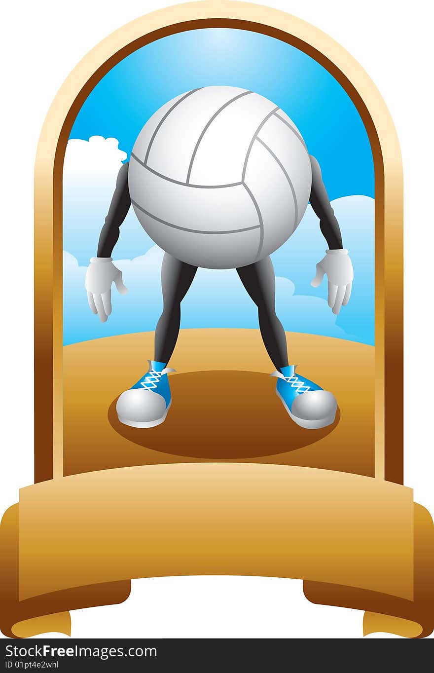 Volleyball cartoon character inside a gold display. Volleyball cartoon character inside a gold display