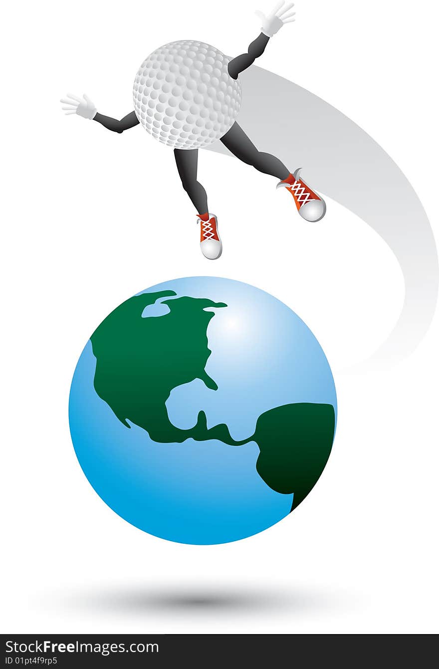 Golf ball cartoon character flying around the world. Golf ball cartoon character flying around the world