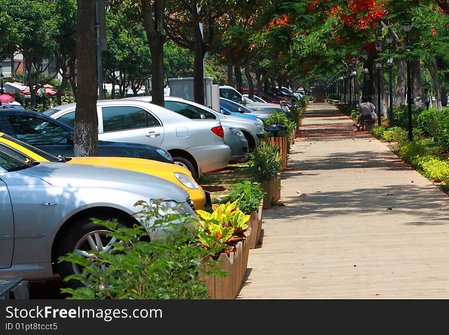 Waling wooden path, parking cars and trees. Waling wooden path, parking cars and trees.