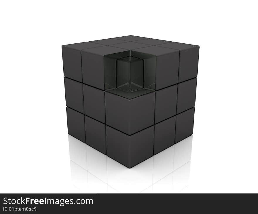 An individual glass cube among metal cubes implying individuality. An individual glass cube among metal cubes implying individuality