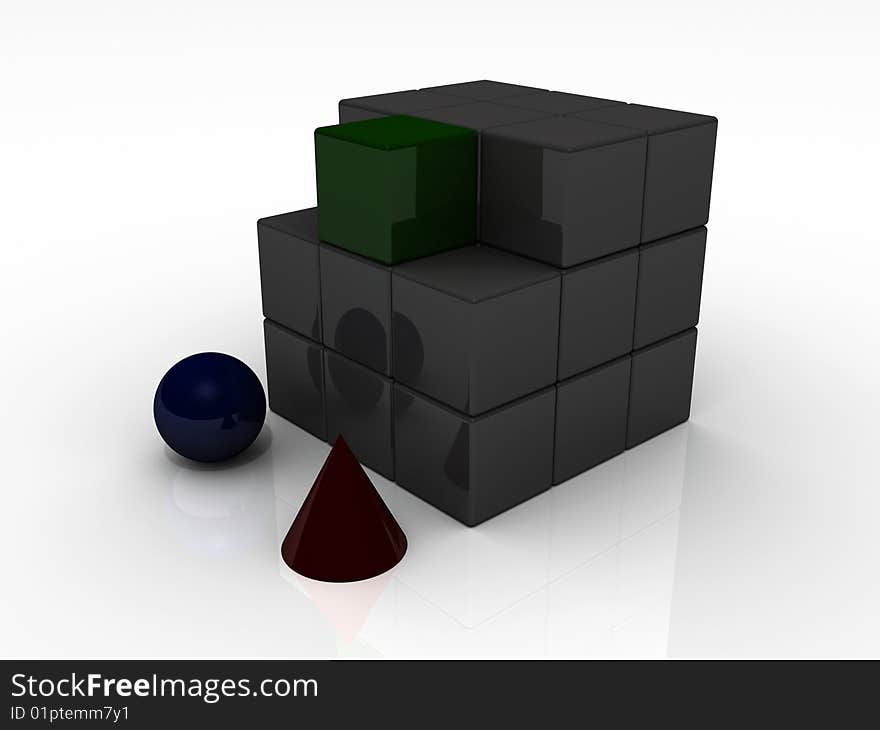 3D rendered image of a cone, sphere and cubes implying individuality and difference. 3D rendered image of a cone, sphere and cubes implying individuality and difference.