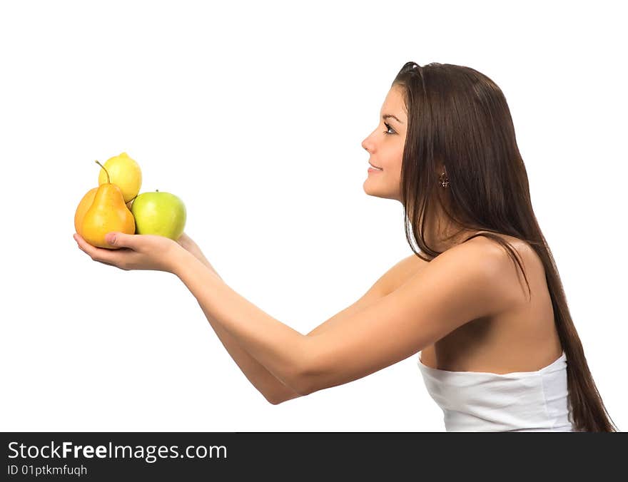 Pretty young  girl with fruit in her hands on white background. Pretty young  girl with fruit in her hands on white background