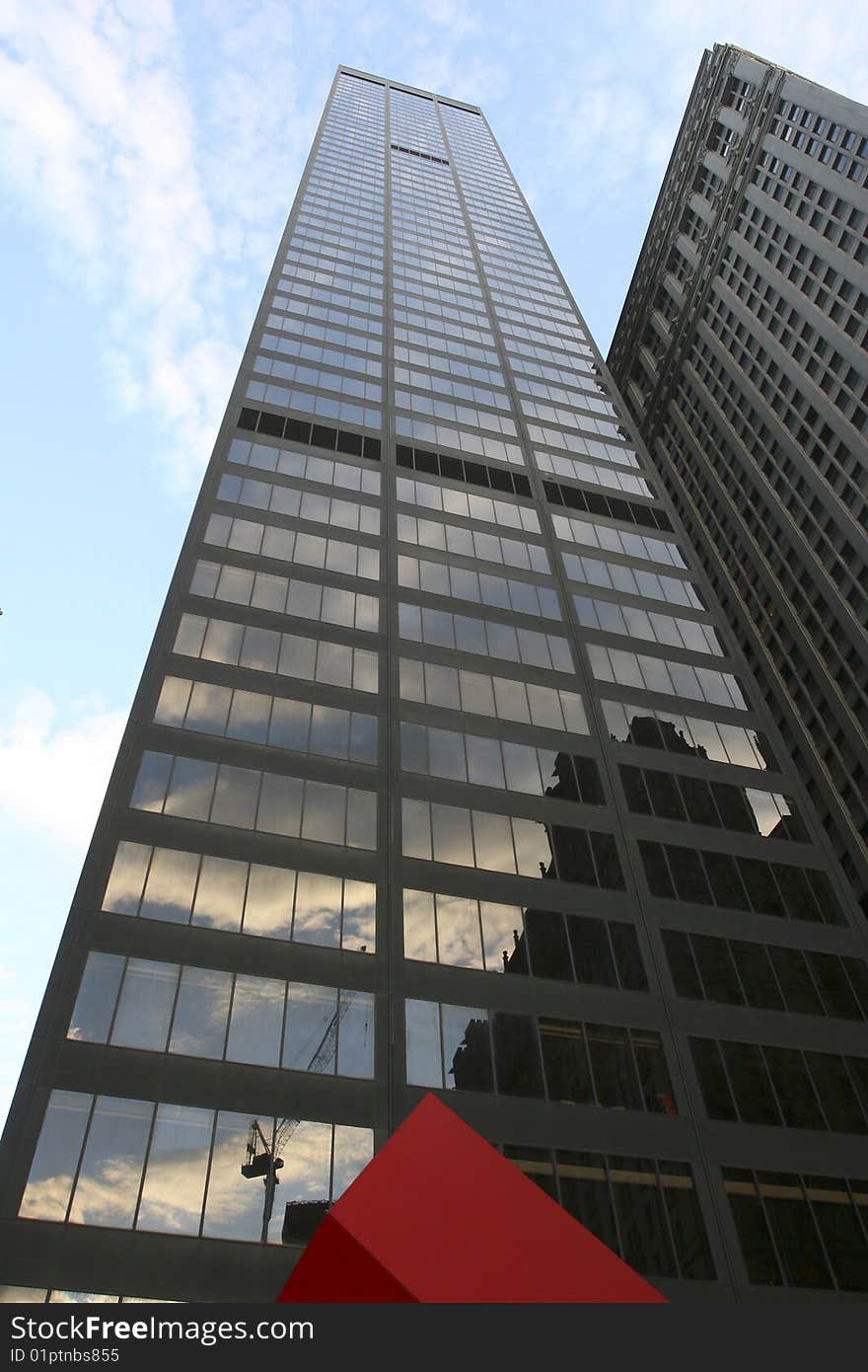 One modern building in New York city. One modern building in New York city.