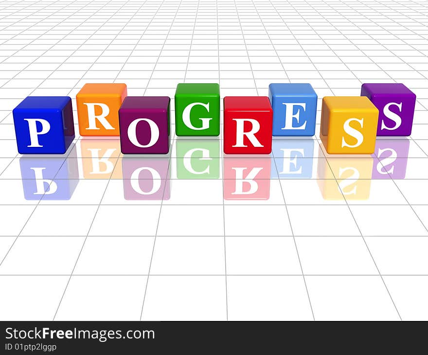 3d colour cubes with text - progress, word, with reflection. 3d colour cubes with text - progress, word, with reflection