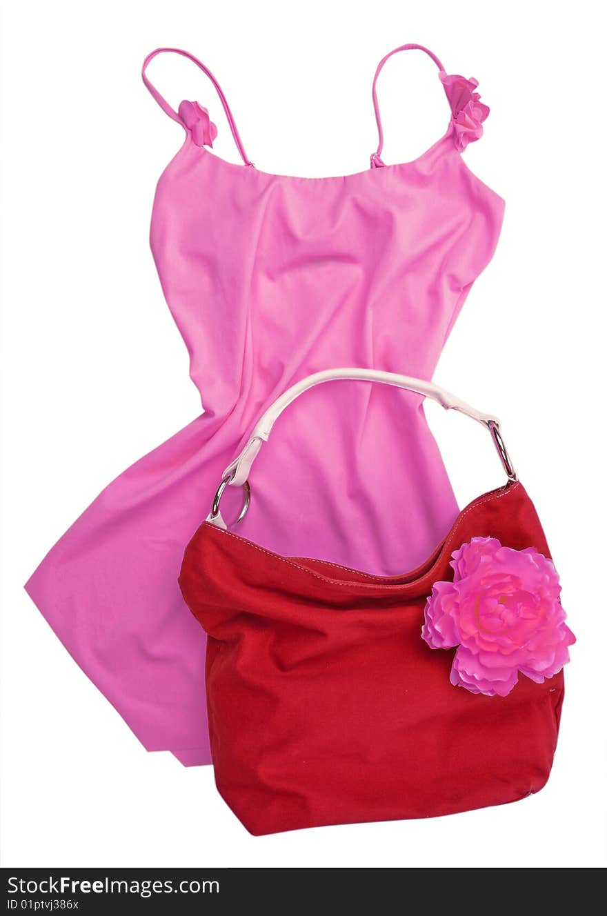 Woman fashion isolated pink dress and red bag. Woman fashion isolated pink dress and red bag