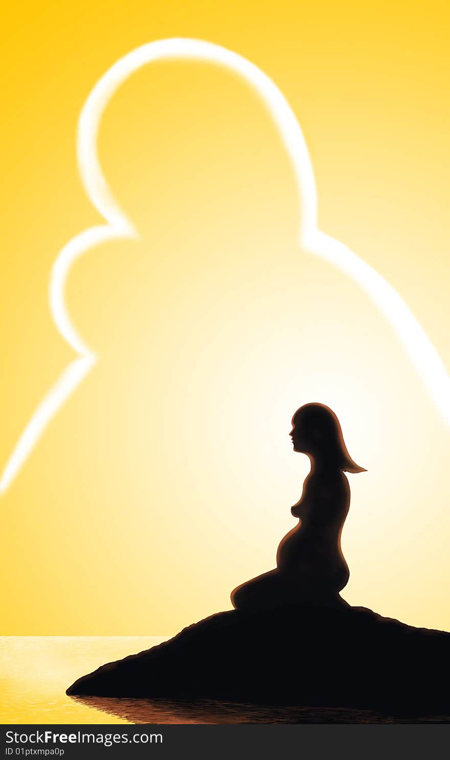 Pregnant woman in the beach  with yellow sunrise in the background  and silhouette of Virgin Mary