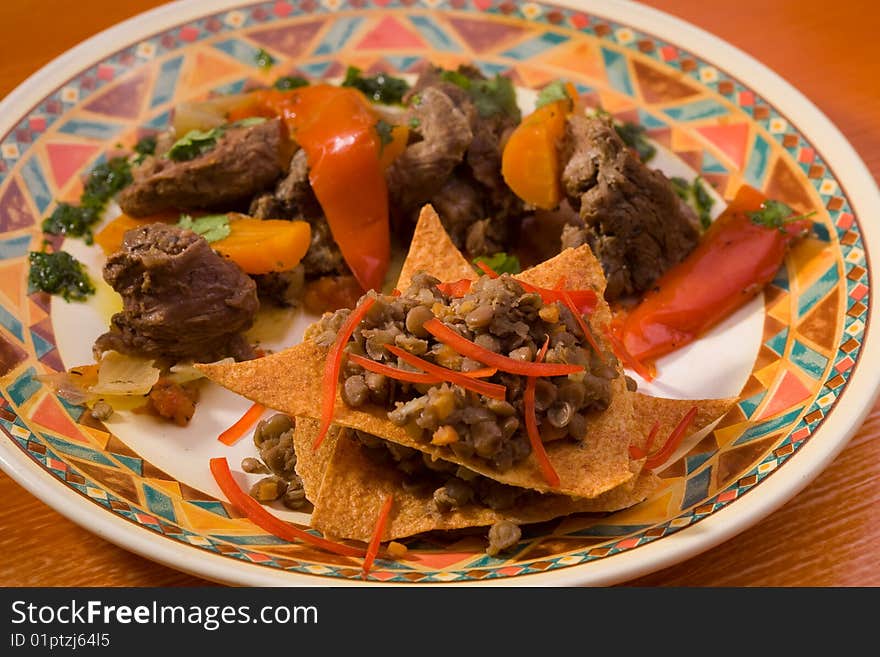 Beef with vegetable, closeup studio shot