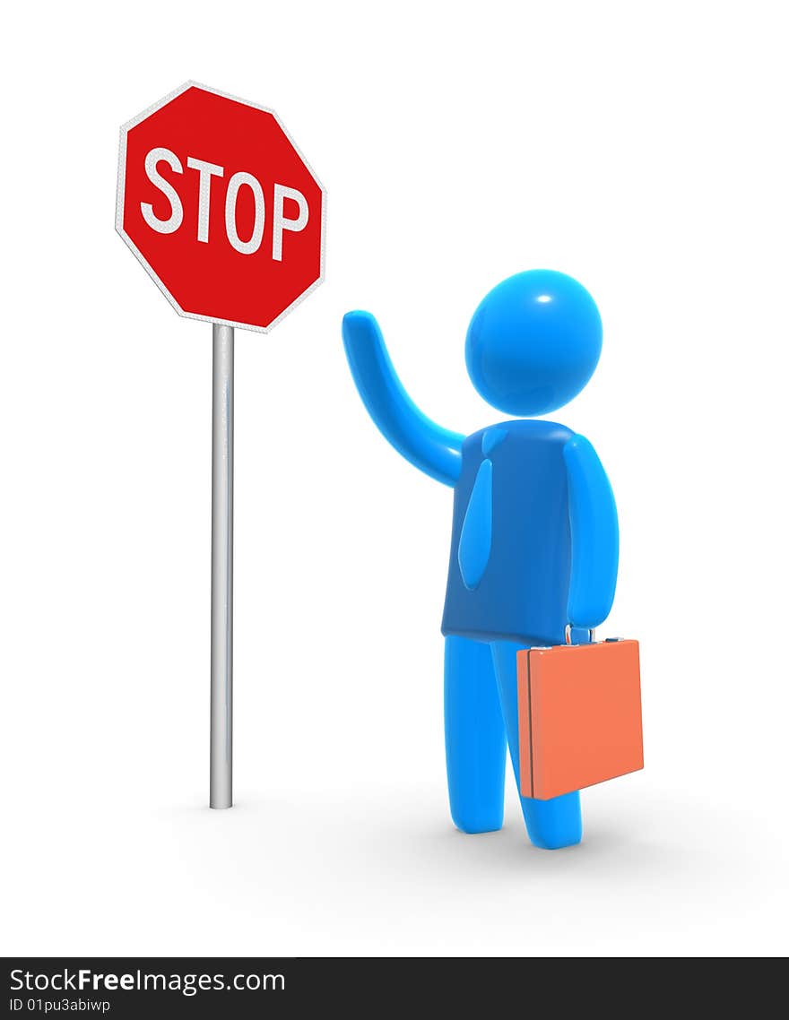 Abstract blue figure of businessman is pointing at the stop traffic sign. Abstract blue figure of businessman is pointing at the stop traffic sign.