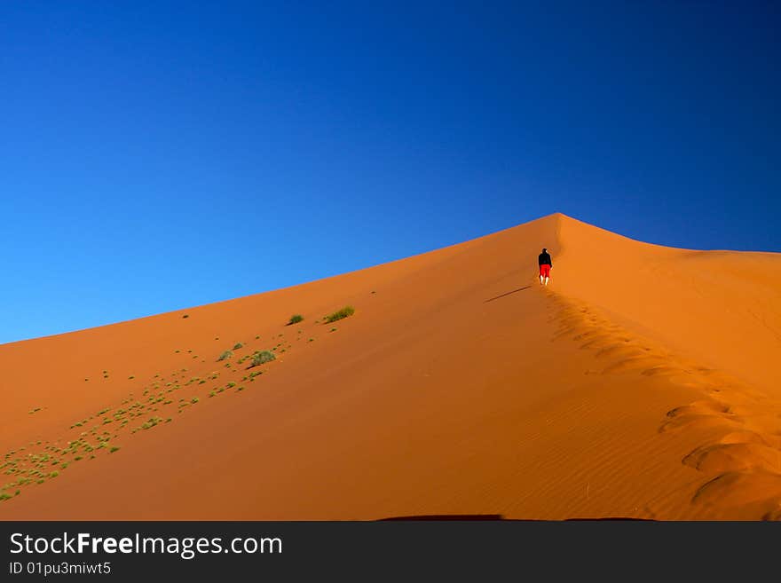 Young woman is climbing at the top of the highest desert dune. Young woman is climbing at the top of the highest desert dune