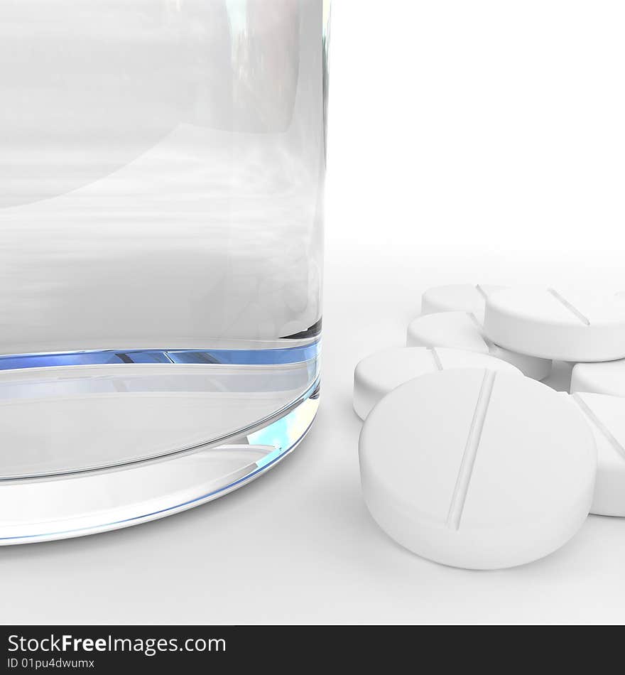 Glass of water and pills isolated on white. Glass of water and pills isolated on white