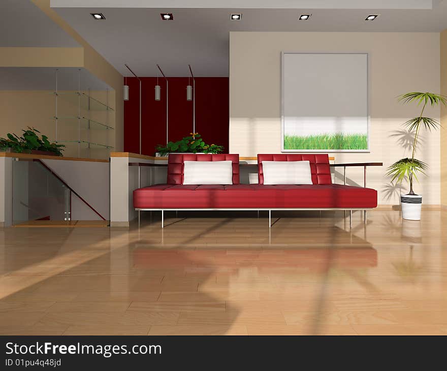 Hall with red leather sofa. Hall with red leather sofa