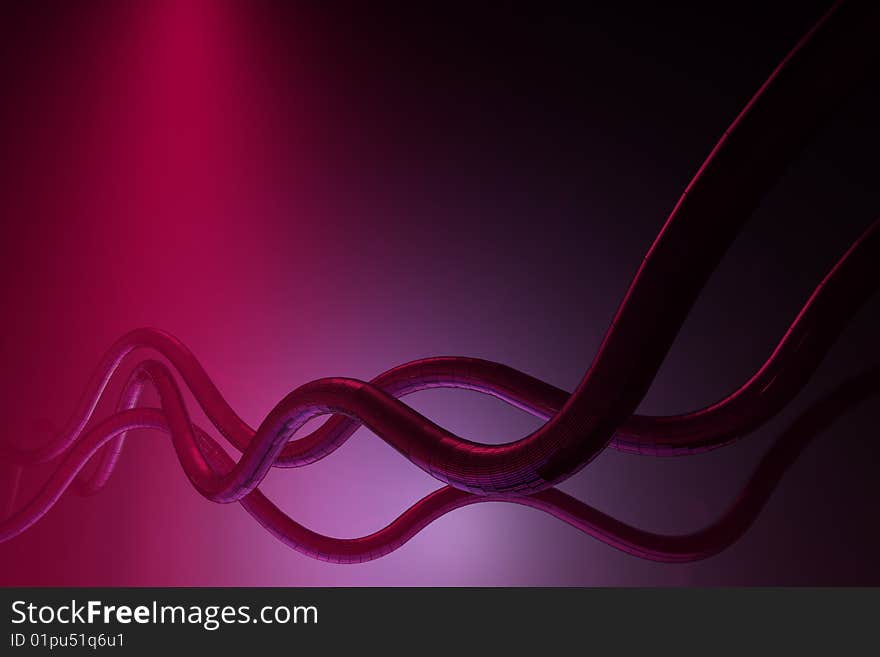 Tubes moving through dark, purply, red atmosperic space. Tubes moving through dark, purply, red atmosperic space