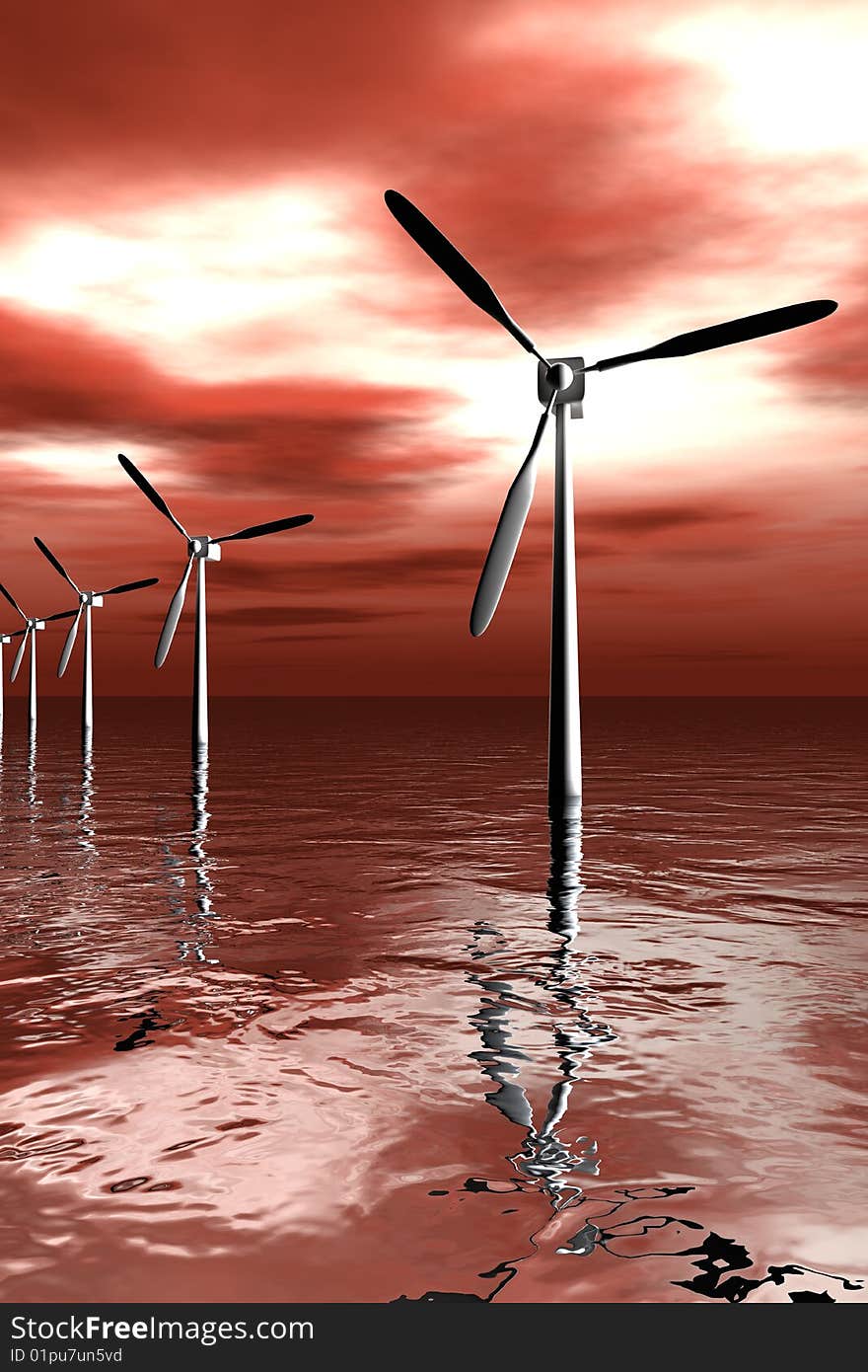 Wind turbines farm at sea in dramatic weater displaying red sky and deep clouds