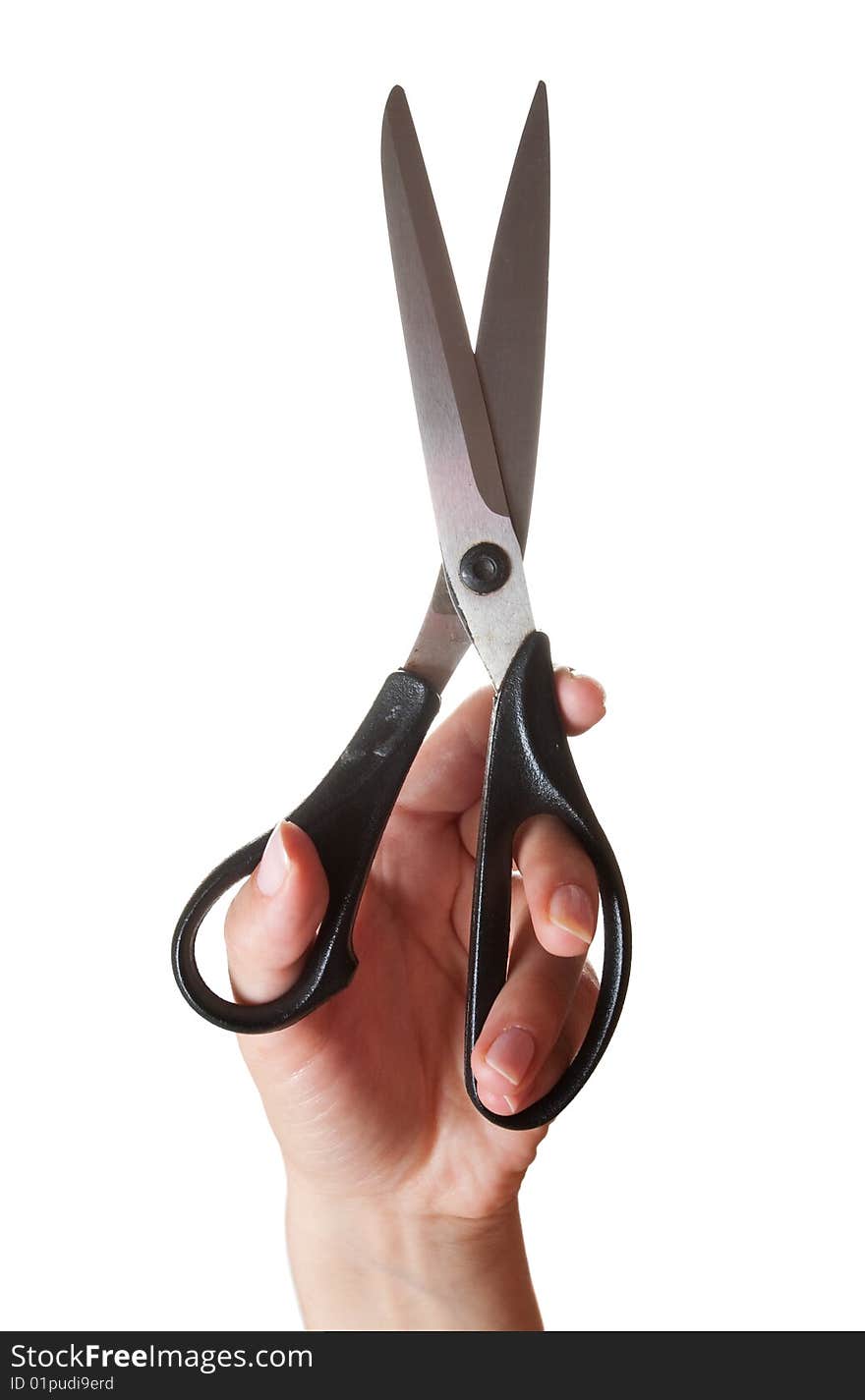 Hand with the scissors, isolated on the white. Hand with the scissors, isolated on the white