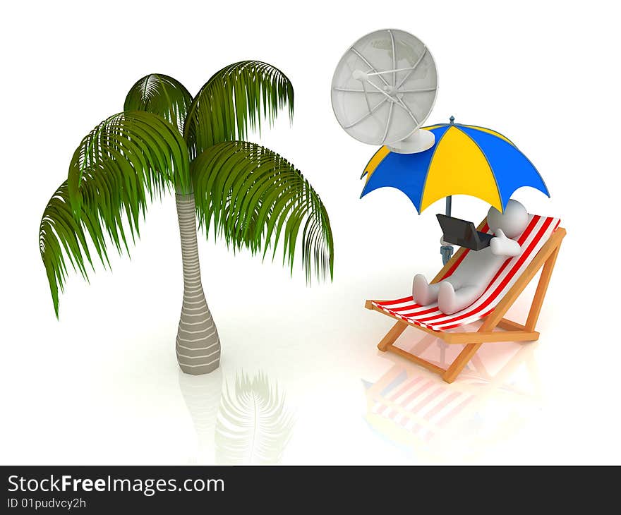 3d render of chaise longue, umbrella, palm, person. 3d render of chaise longue, umbrella, palm, person.