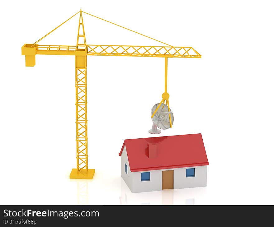 3d render of house, Satellite Dish, crane