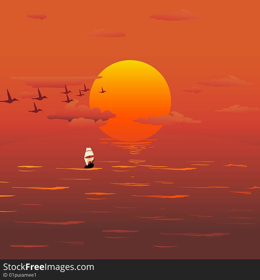 Vector illustration of romantic travel background with cartoon sailing Boat