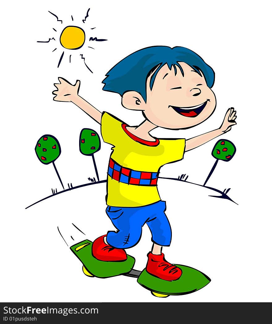 A boy with blue hair and a yellow t-shirt is running down the hill with his new skateboard. A boy with blue hair and a yellow t-shirt is running down the hill with his new skateboard