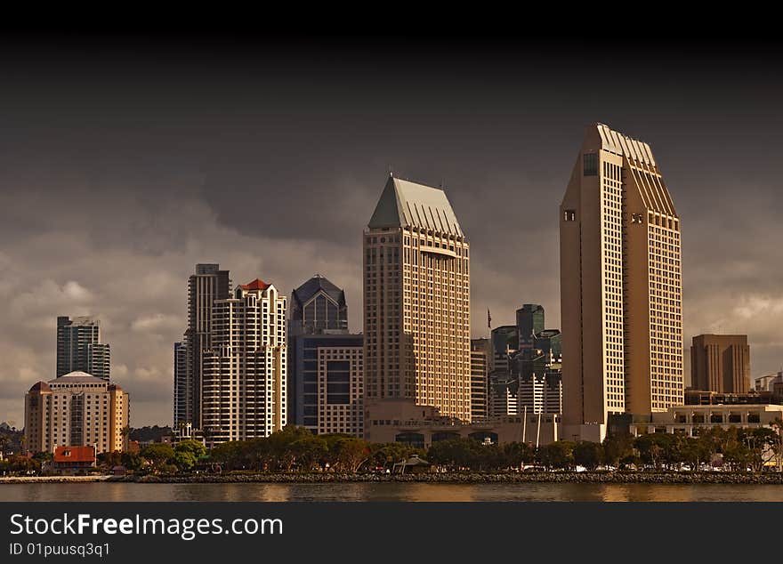 This is a picture of the San Diego skyline on a dark and stormy day. This is a picture of the San Diego skyline on a dark and stormy day