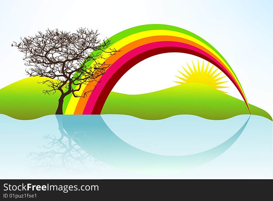 Retro illustration with tree, rainbow and sun