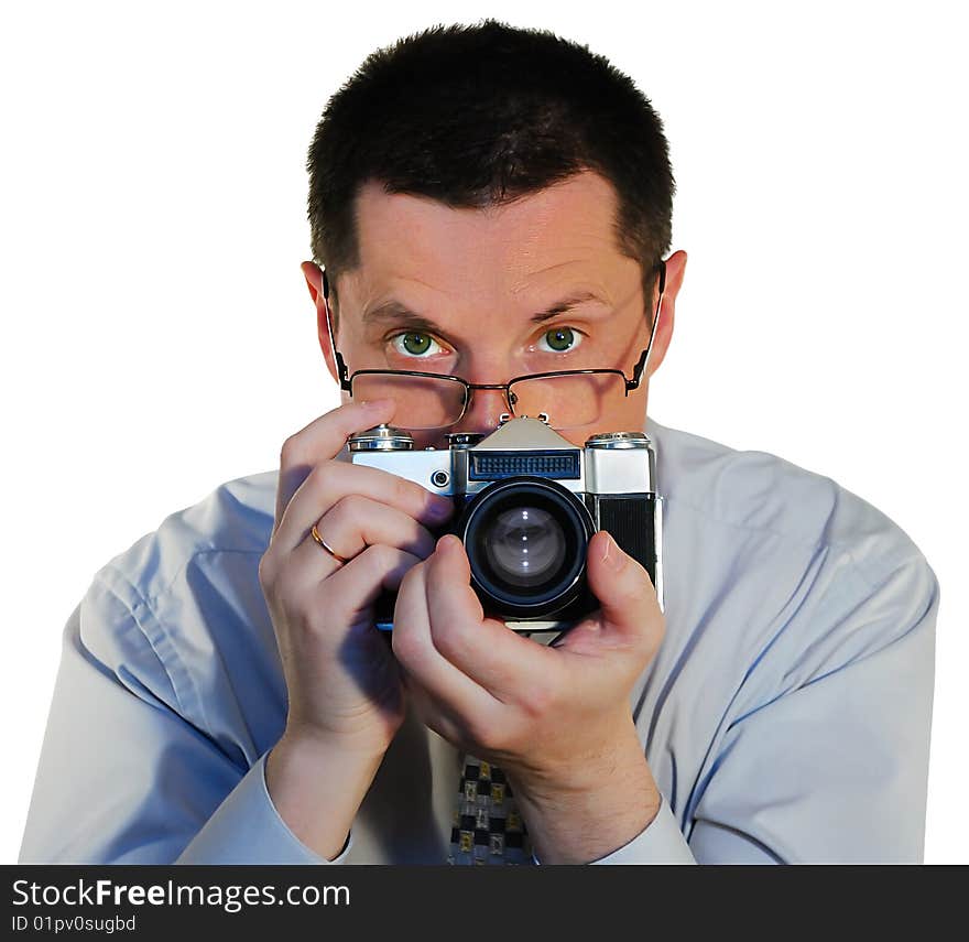 Photografer with a old photocamera close up. Photografer with a old photocamera close up