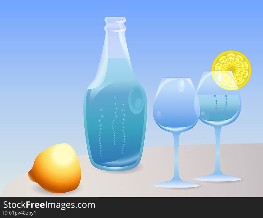 Bottle with water, glasses and lemon. Bottle with water, glasses and lemon