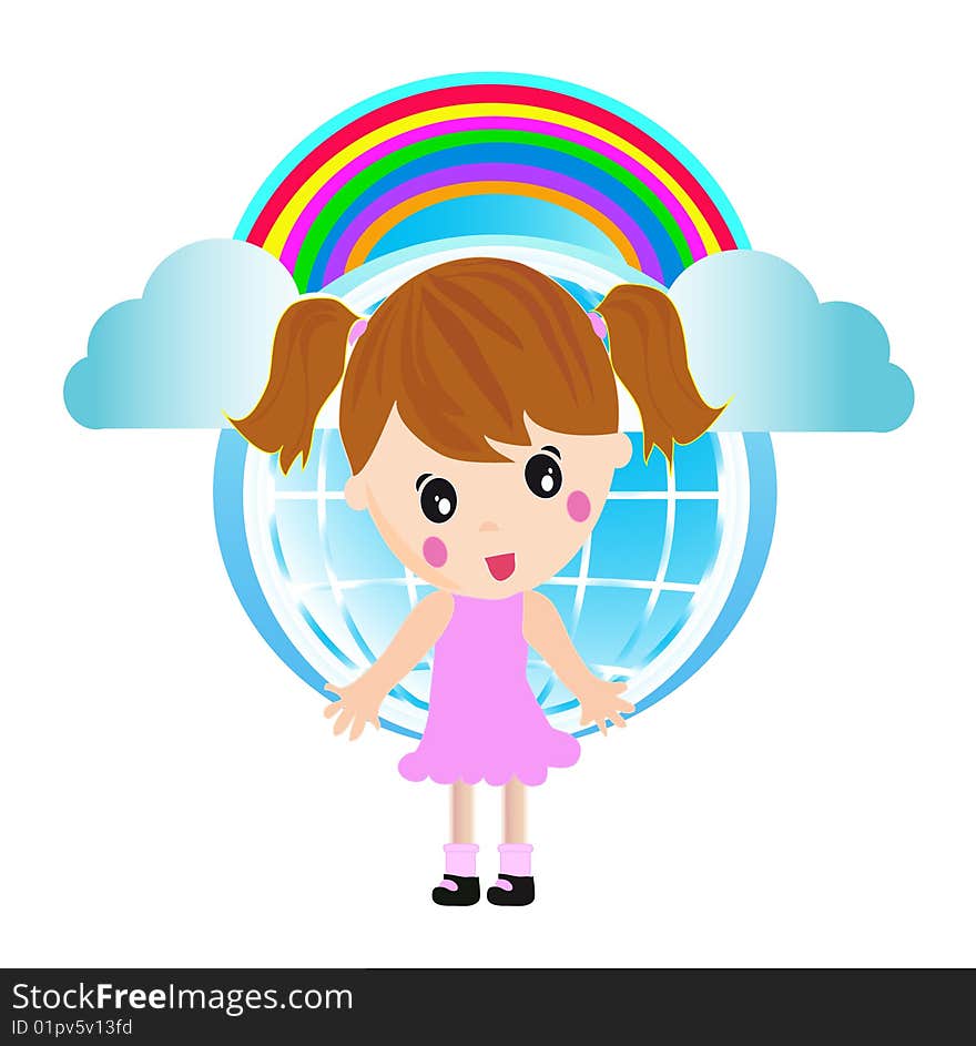 Girl in the beautiful world with rainbow and clouds. Girl in the beautiful world with rainbow and clouds