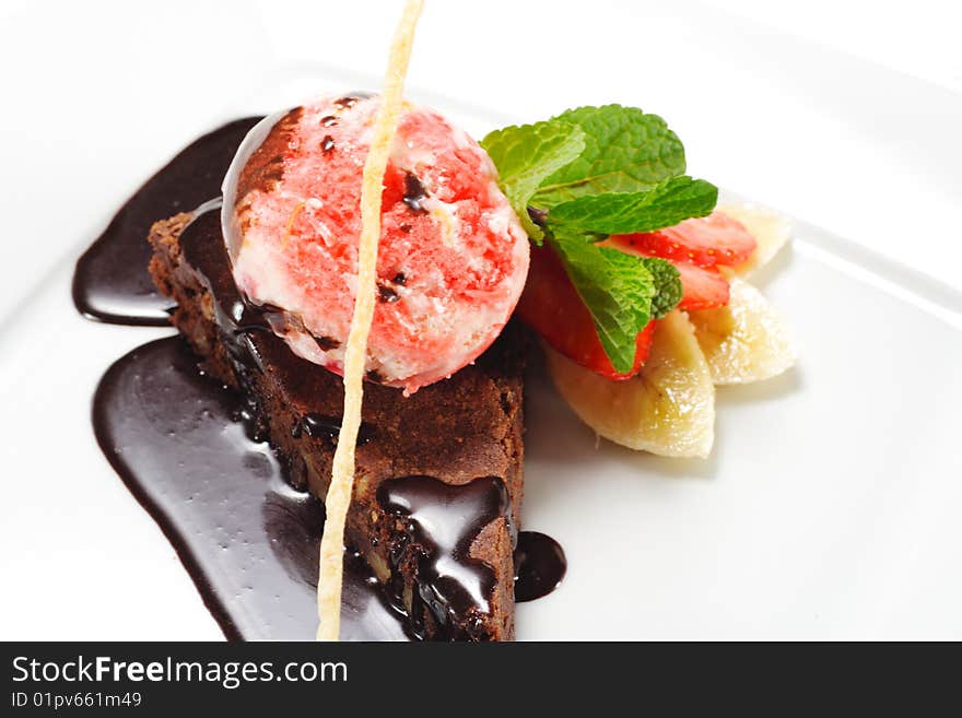 Dessert - Chocolate Pie with Berries Ice Cream and Fruits