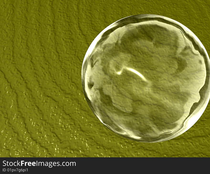 3d glass sphere placed on background of tissue with green repeating pattern. 3d glass sphere placed on background of tissue with green repeating pattern