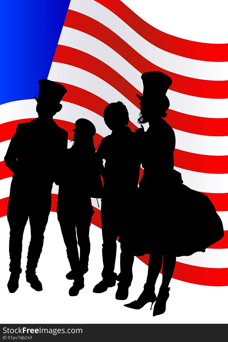 Vector image of women and men during the festival, under the American flag. Vector image of women and men during the festival, under the American flag