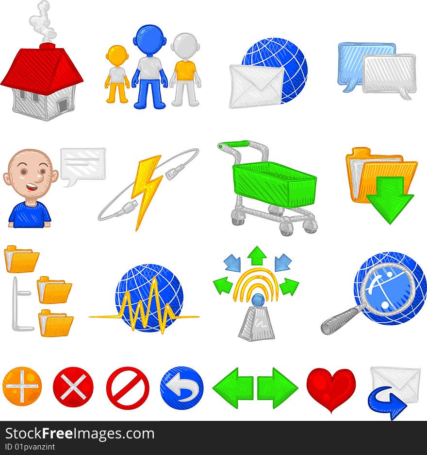 Set of vector Organicons relating to the internet theme, including a home, cart, network, mail and arrows icons. Organicons are hand drawn, loose, organic drawings, with NO gradients or blends, created to be used as icons. Set of vector Organicons relating to the internet theme, including a home, cart, network, mail and arrows icons. Organicons are hand drawn, loose, organic drawings, with NO gradients or blends, created to be used as icons.