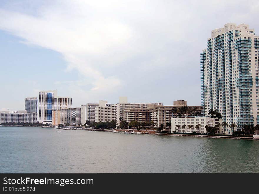 Condominiums on the shore of biscane bay and the western edge of SoBe. Condominiums on the shore of biscane bay and the western edge of SoBe