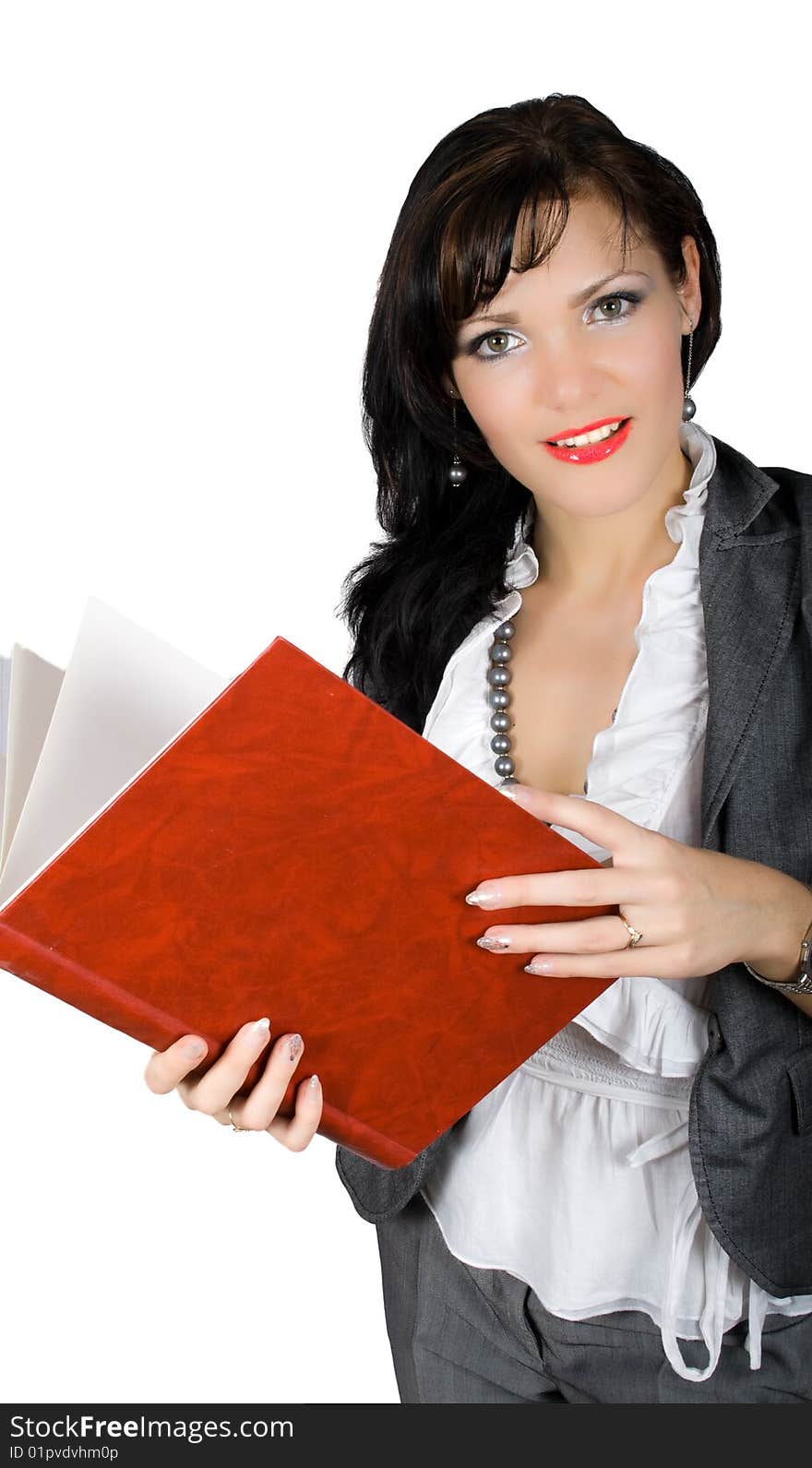 Confident busisnesswoman with big red book isolated on white with clipping path. Confident busisnesswoman with big red book isolated on white with clipping path