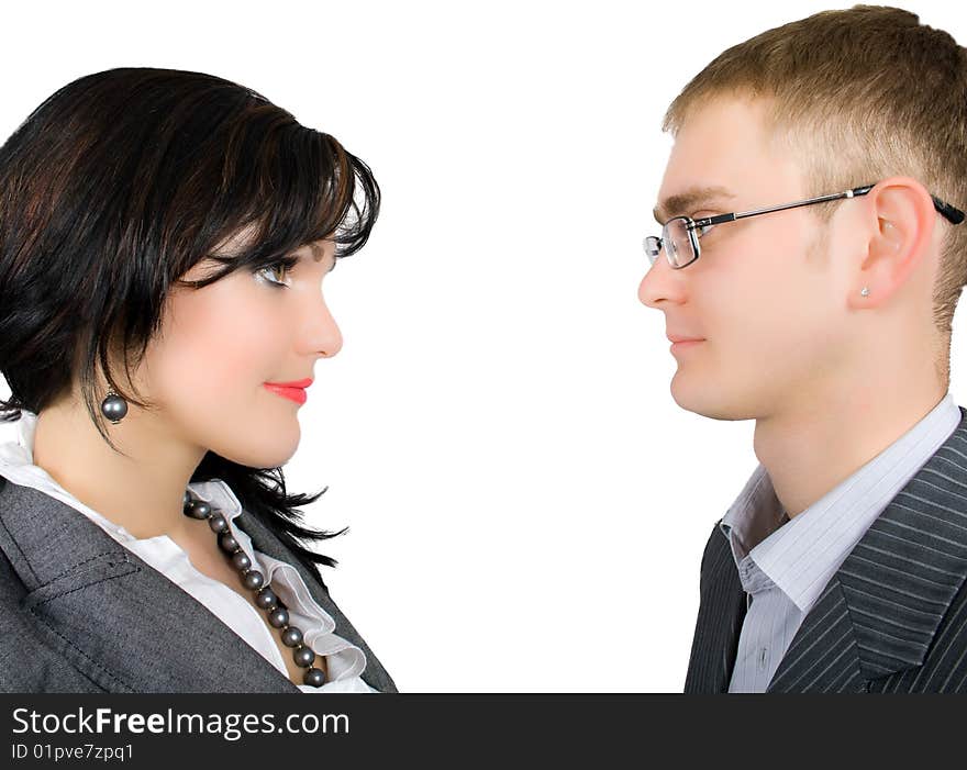 Closeup portrait of  couple businessmen isolated on white with clipping path